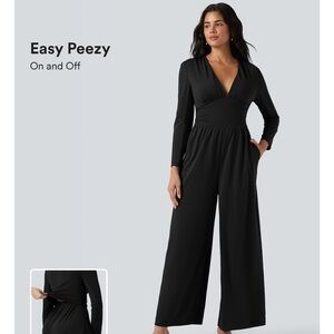 Halara SculptKnit V Neck Long Sleeve Ruched Jumpsuit w/Pockets-Easy Peezy XS